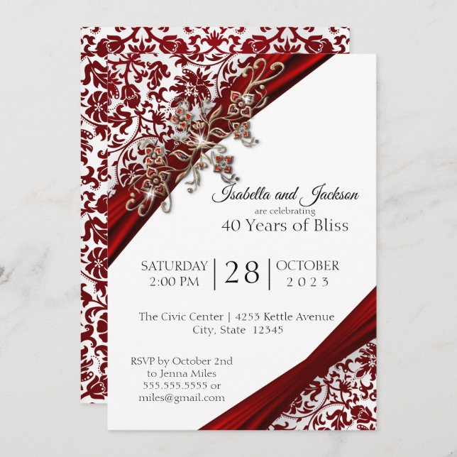 Invitation 40e modèle d'anniversaire de mariage Fleurs rubis  (Devant / Derrière)