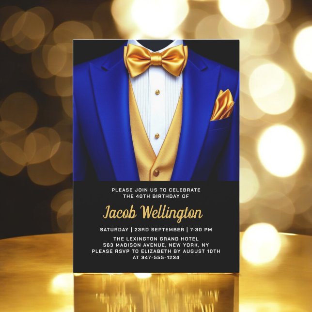 Invitation 40e Royal Blue and Gold Tuxedo Birthday Event (Créateur téléchargé)