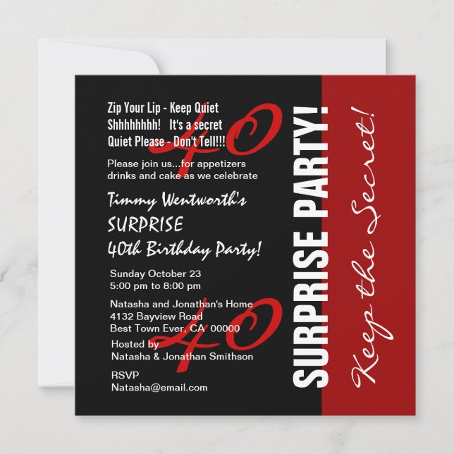 Invitation 40e SURPRISE Anniversaire Noir Rouge Blanc W1895 (Devant)