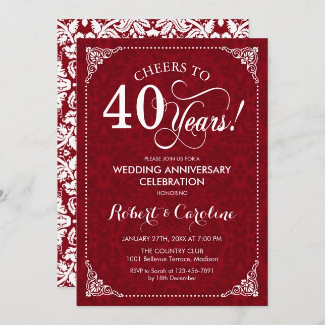 Invitation 40ème anniversaire du Mariage - Ruby Red White Dam (Devant / Derrière)