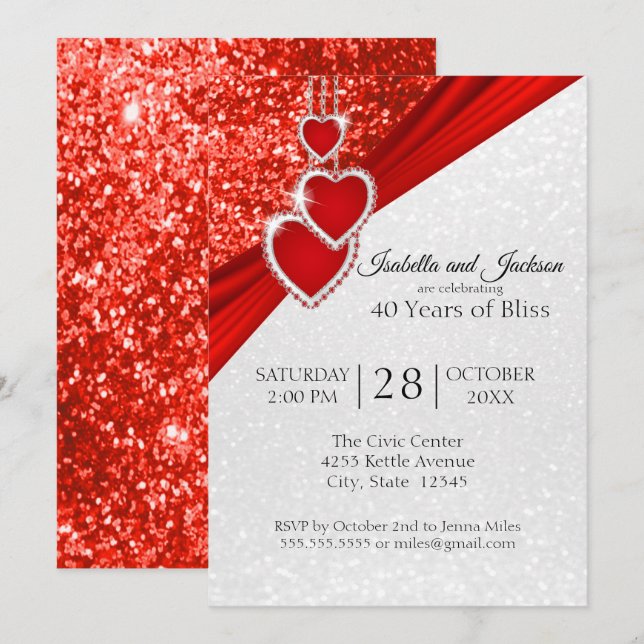 Invitation 40ème Conception Anniversaire Paillettes Rouge Écl (Devant / Derrière)