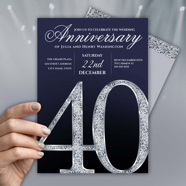 Invitation 40th Anniversary Diamond Silver Navy Blue Modern (Créateur téléchargé)
