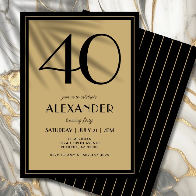 Invitation 40th Birthday Adult Black and Gold Modern Minimal  (A timeless black and gold invite that feels modern, elegant, and upscale.)
