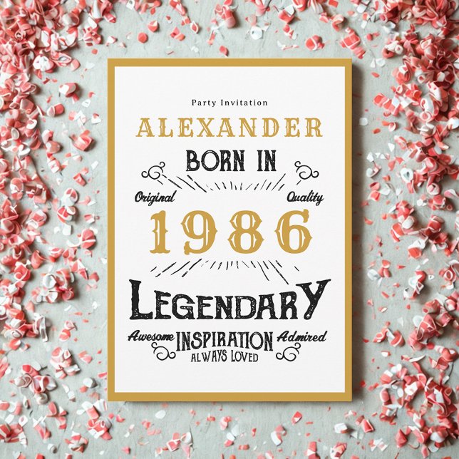 Invitation 40th Birthday Born 1986 White Gold Legend (Born 1986 birthday invitation.)