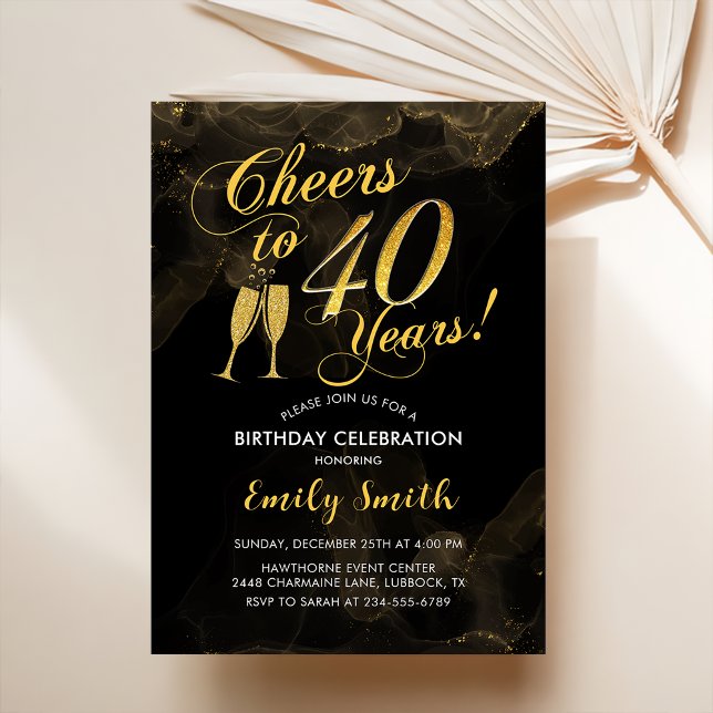 Invitation 40th Birthday - Cheers To 40 Years Gold Black (Créateur téléchargé)