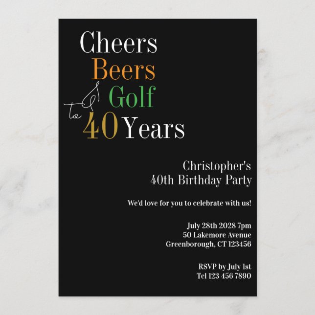 Invitation 40th Birthday Golf Cheers Beers Party (Devant)