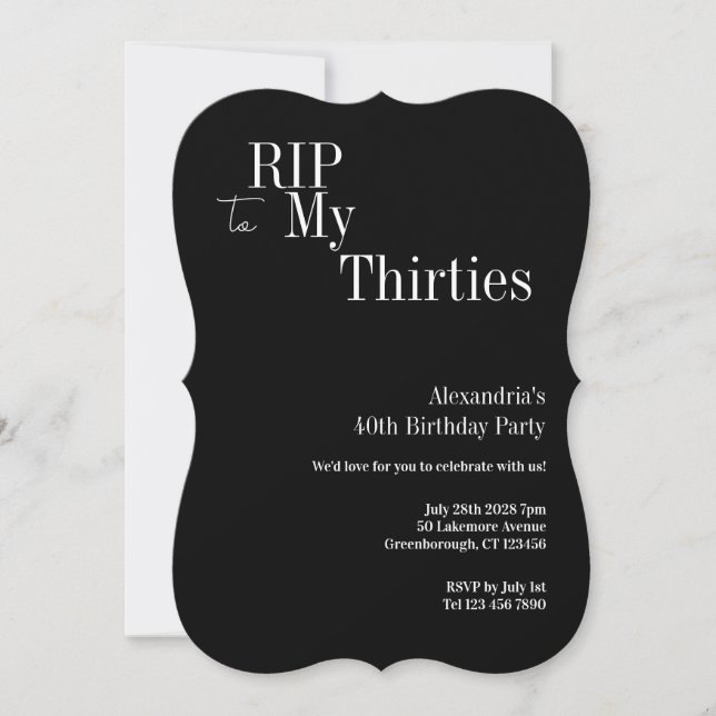 Invitation 40th Birthday RIP 30s Black and White Party (Devant)