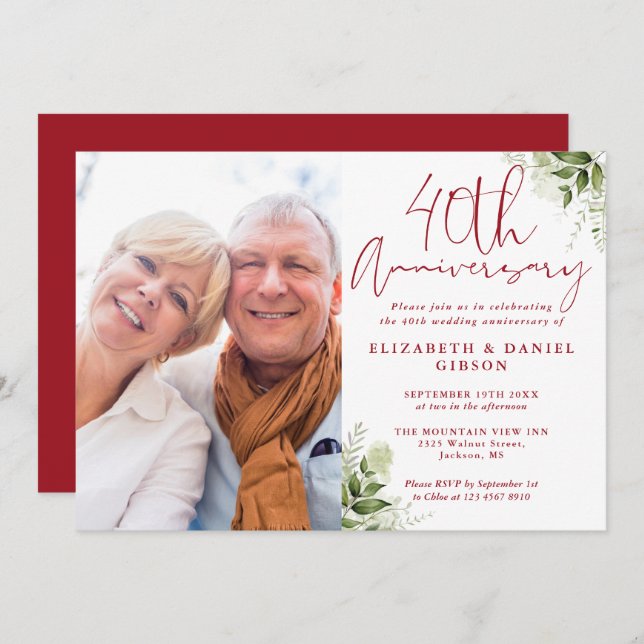 Invitation 40th Wedding Anniversary Floral Greenery Photo (Devant / Derrière)