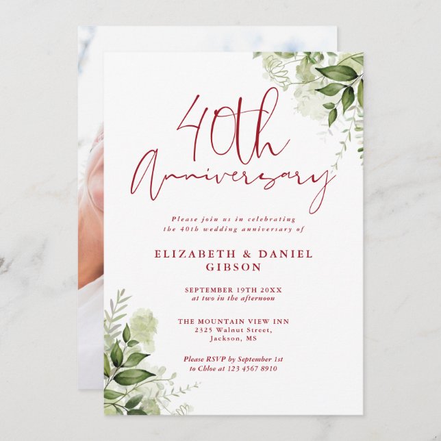 Invitation 40th Wedding Anniversary Greenery Floral Photo (Devant / Derrière)