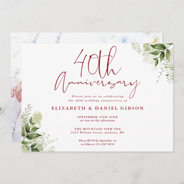 Invitation 40th Wedding Anniversary Greenery Floral Photo (Devant / Derrière)