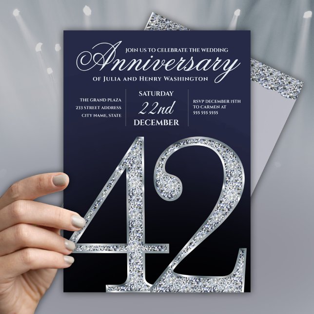 Invitation 42e Anniversaire Diamant Argent Bleu Marine (Créateur téléchargé)