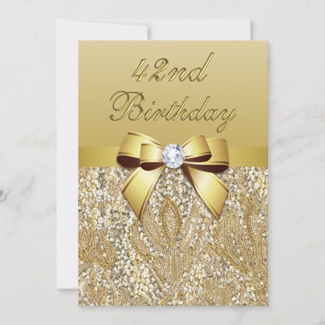Invitation 42e anniversaire Gold Faux Sequins et Bow (Devant)