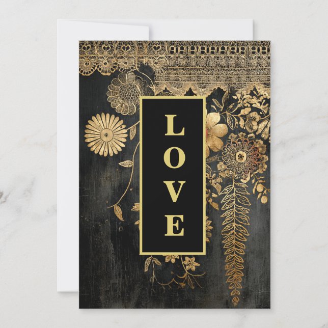 Invitation *~ 43 QR RSVP AR26 Gold Lace LOVE Mariage de luxe (Devant)