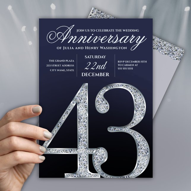 Invitation 43e Anniversaire Diamant Argent Bleu Marine (Créateur téléchargé)