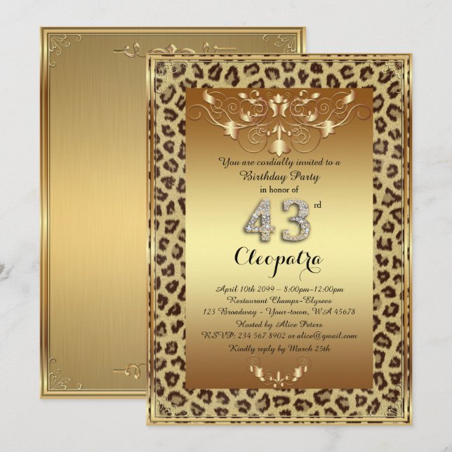 Invitation 43e, fête d'anniversaire 43e, or Royal Cheetah plu (Devant / Derrière)