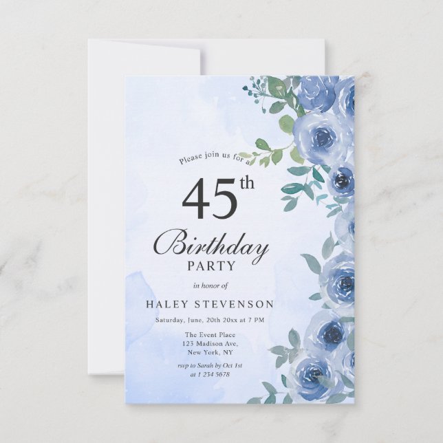 Invitation 45 ans chic florale aquarelle bleu pous (Devant)