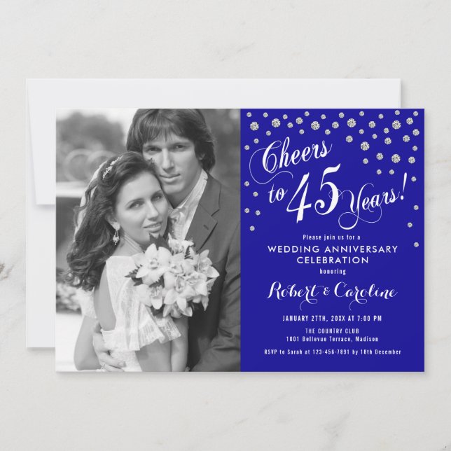Invitation 45e anniversaire avec photo - Argent bleu saphir (Devant)