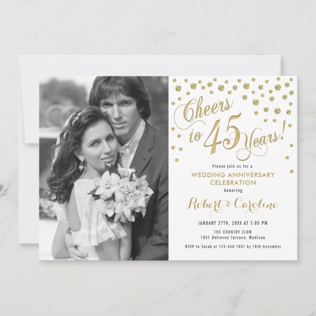 Invitation 45e anniversaire avec photo - Blanc or (Devant)