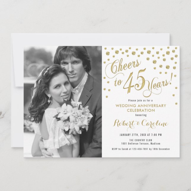 Invitation 45e anniversaire avec photo - Or blanc (Devant)