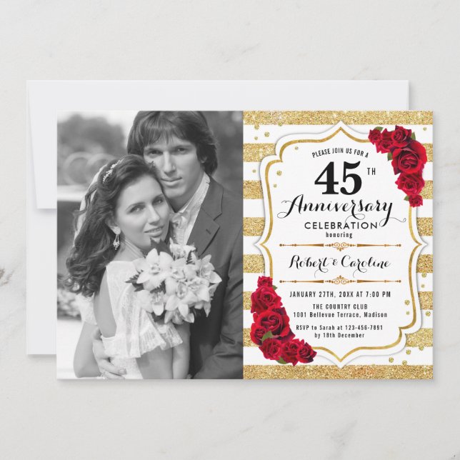 Invitation 45e Anniversaire avec Photo - Or Blanc Rouge Rubis (Devant)