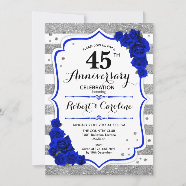 Invitation 45e Anniversaire - Blanc Argent Saphir Bleu (Devant)