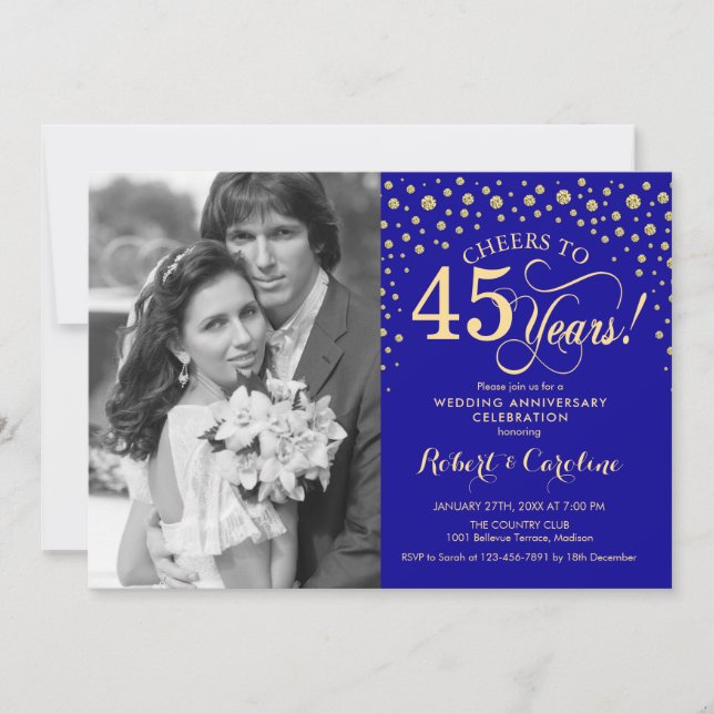 Invitation 45e anniversaire de mariage avec photo - Or Bleu (Devant)