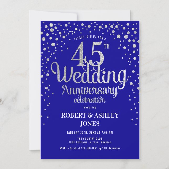 Invitation 45e anniversaire de mariage - Bleu saphir et argen (Devant)