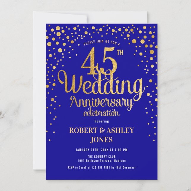 Invitation 45e anniversaire de mariage - Bleu saphir et or (Devant)