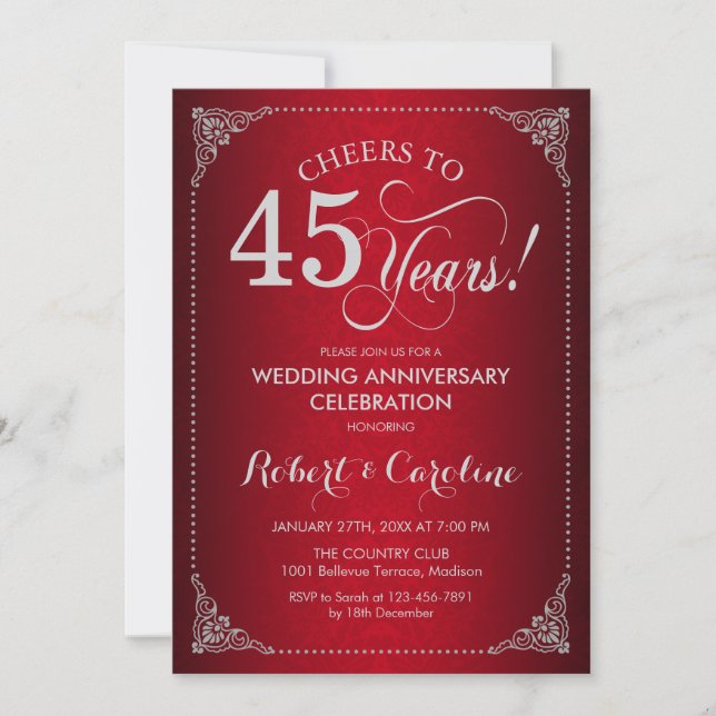 Invitation 45e anniversaire de mariage - Damask argenté rouge (Devant)