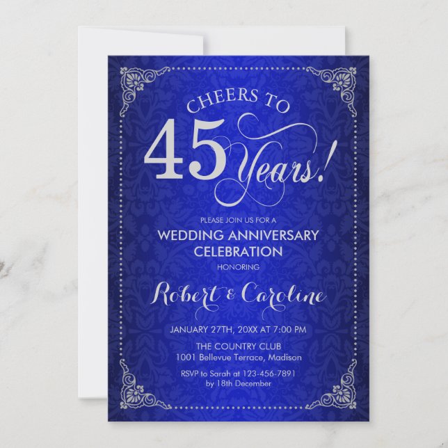 Invitation 45e anniversaire de mariage - Damask Bleu Argent (Devant)