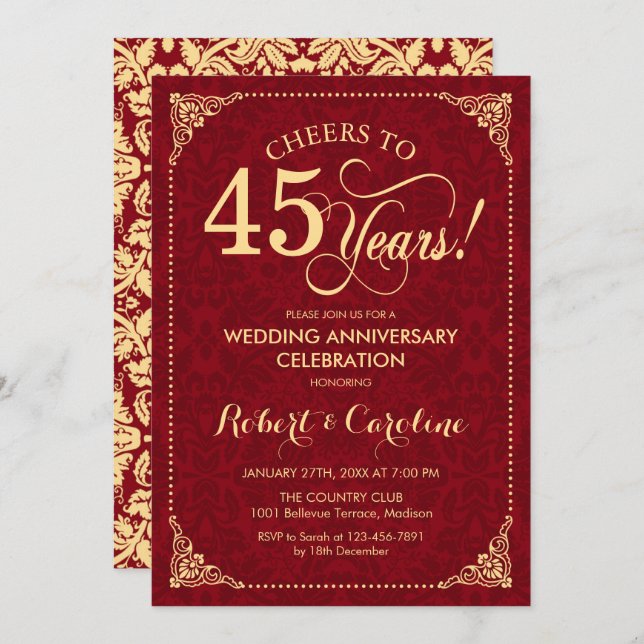 Invitation 45e anniversaire de mariage - Damask or rouge rubi (Devant / Derrière)