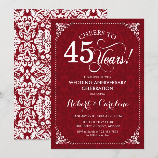 Invitation 45e anniversaire de mariage - Damassé rouge blanc (Devant / Derrière)