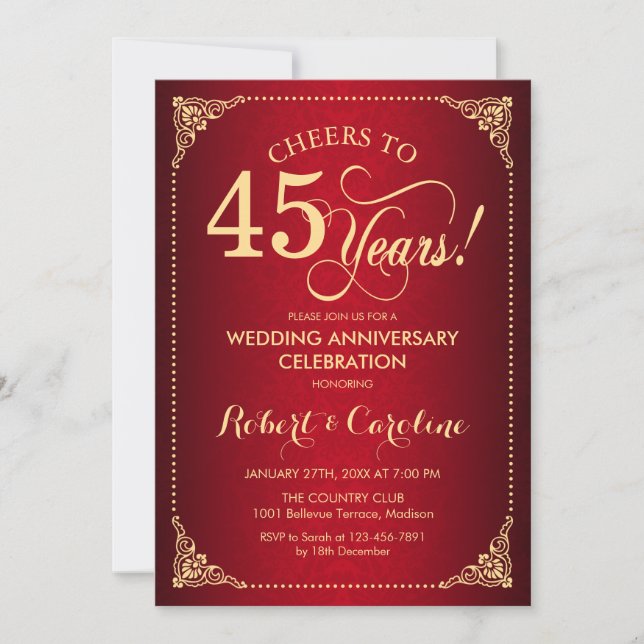 Invitation 45e anniversaire de mariage - Damassé rouge or (Devant)