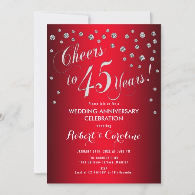 Invitation 45e anniversaire de mariage - Rouge & Argent (Devant)