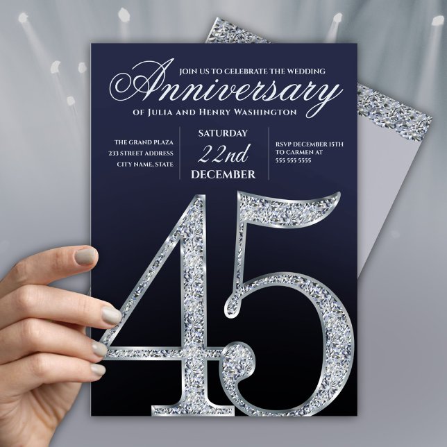 Invitation 45e Anniversaire Diamant Argent Bleu Marine (Créateur téléchargé)