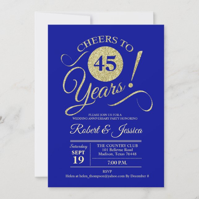 Invitation 45e anniversaire du Mariage Gold Blue Sapphire (Devant)