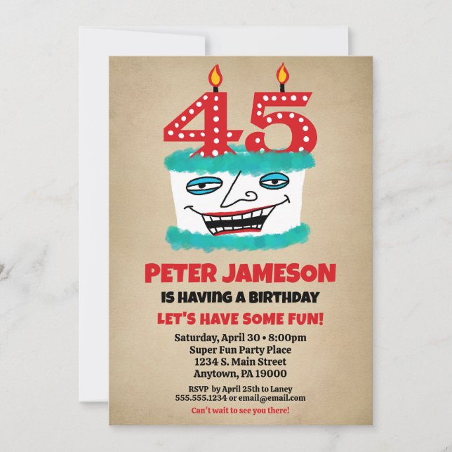 Invitation 45e anniversaire Funny Cake Mens Décont (Devant)