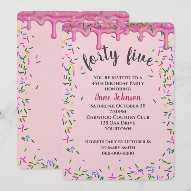 Invitation 45e Anniversaire Pink Icing Et Sprinkles (Devant / Derrière)