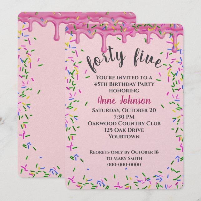 Invitation 45e Anniversaire Pink Icing Et Sprinkles (Devant / Derrière)