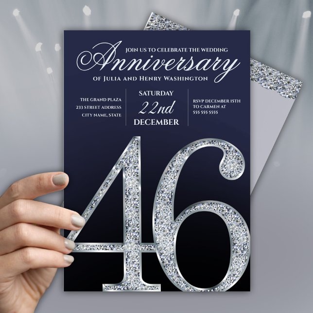Invitation 46e Anniversaire Diamant Argent Bleu Marine (Créateur téléchargé)