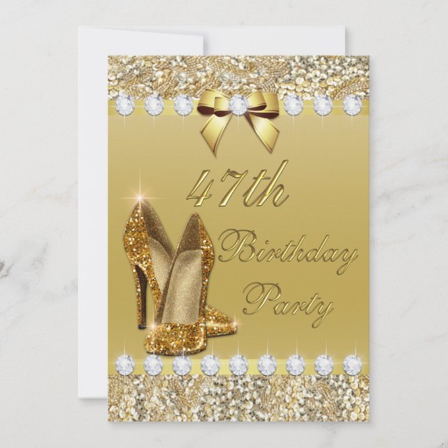 Invitation 47e Anniversaire Classy Talons d'or Séquins Diaman (Devant)