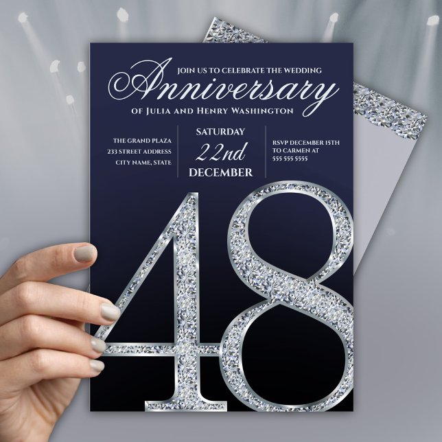 Invitation 48e Anniversaire Diamant Argent Bleu Marine (Créateur téléchargé)
