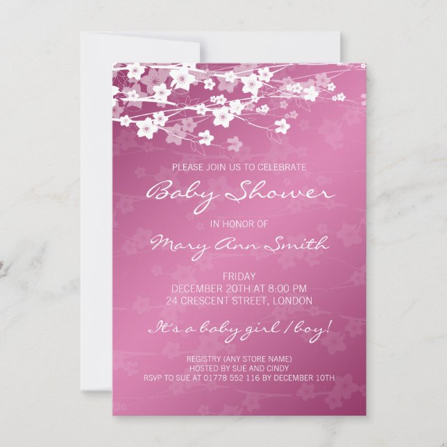 Invitation 4,5 x 6,25 Baby showers de fleurs de cerisiers ros (Devant)
