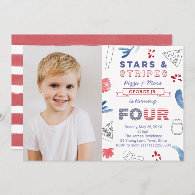 Invitation 4 Anniversaire Fête Stations et rayures Pizza (Devant / Derrière)