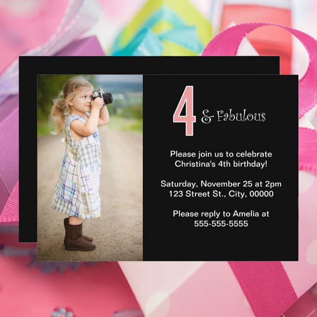 Invitation 4 et Fabulous Photo personnalisée Anniversaire (A cute birthday party invitation that says 4 and fabulous)