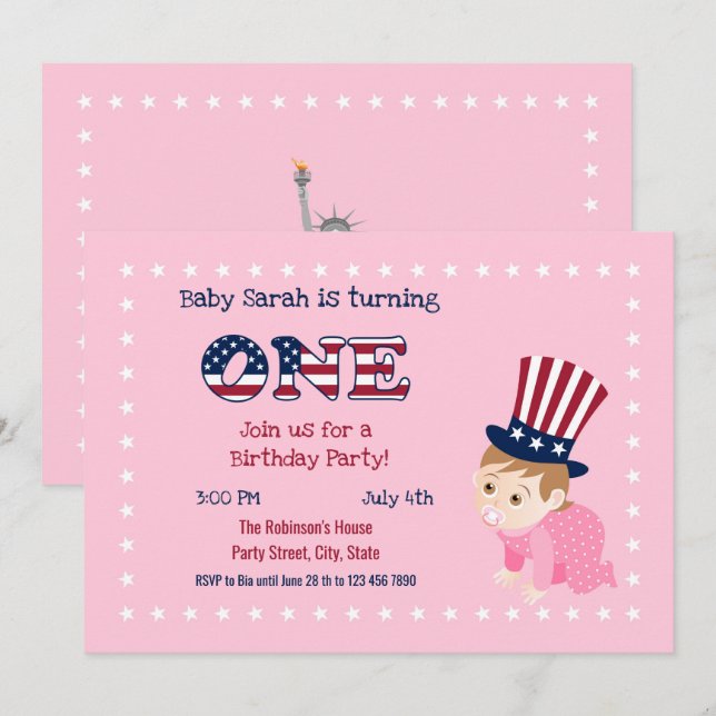 Invitation 4 juillet 1er anniversaire Baby Girl Party (Devant / Derrière)