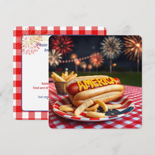Invitation 4 juillet américain Hot Dog (Devant / Derrière)