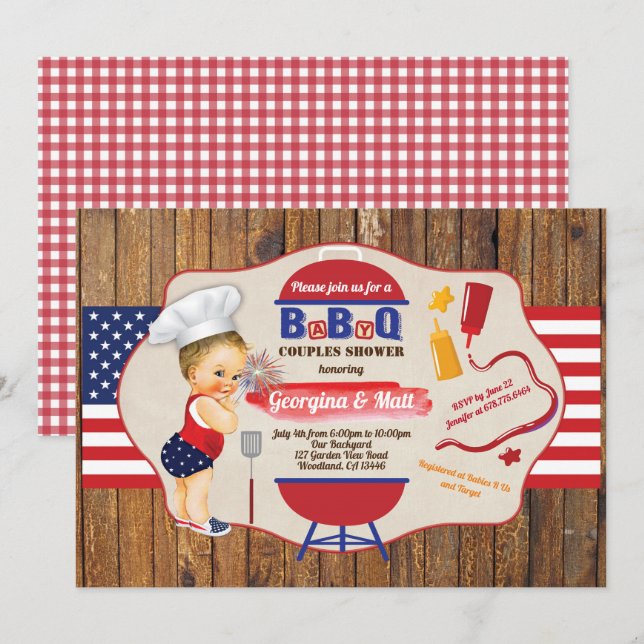 Invitation 4 juillet baby boy couples douche BBQ party (Devant / Derrière)