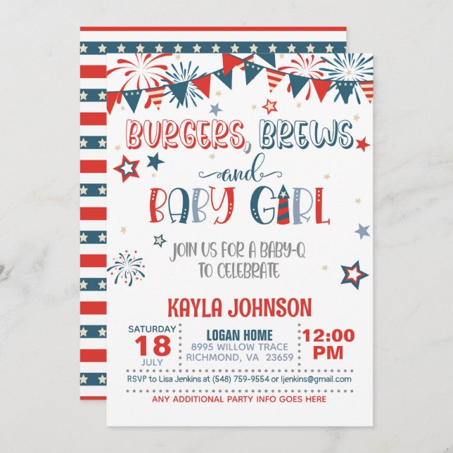Invitation 4 juillet Baby shower Q bébé - Fille (Devant / Derrière)