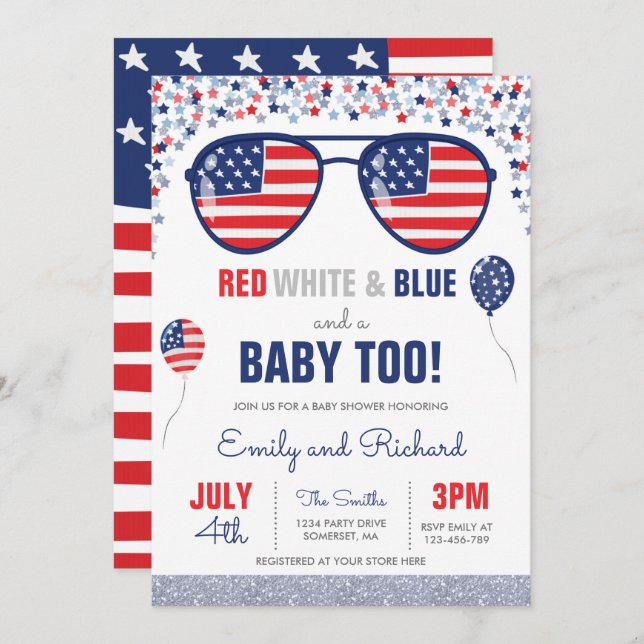 Invitation 4 juillet Baby shower rouge blanc Baby shower bleu (Devant / Derrière)